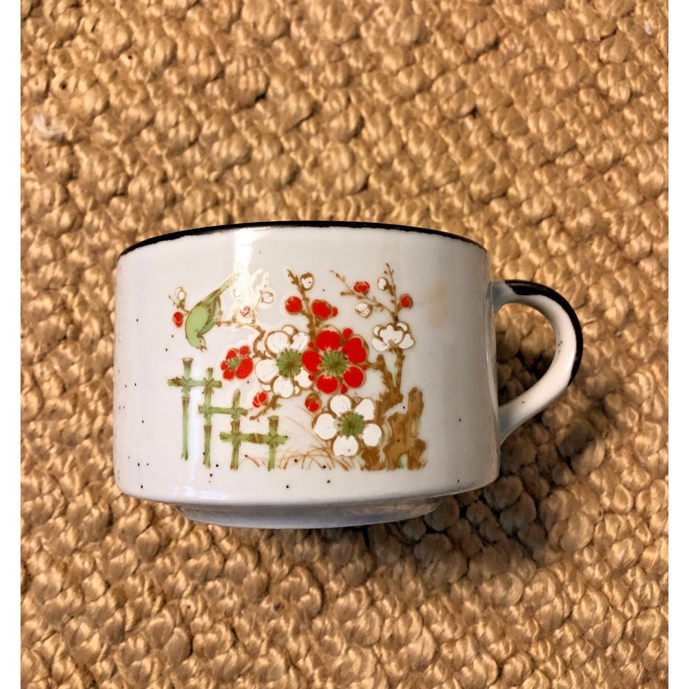 Vintage Speckled Japan Stoneware Soup Coffee Mug Soup Cup - Flowers Bird - MCM